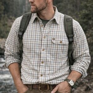 Orvis Plaid Button Down Shirt White Blue 100% Cotton Rugged Outdoor Men's Medium